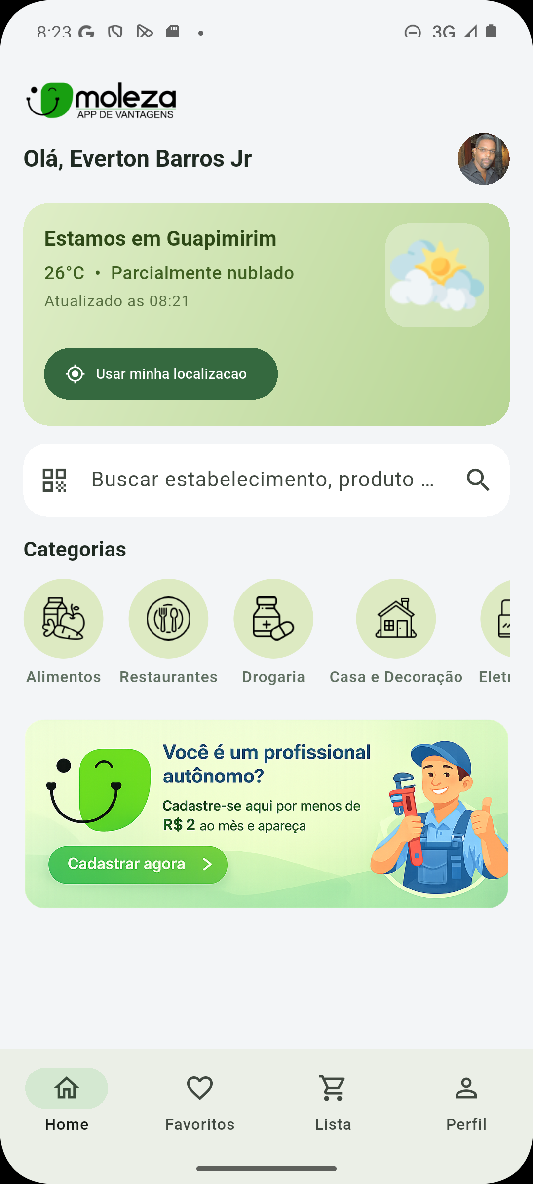 Tela do aplicativo Moleza